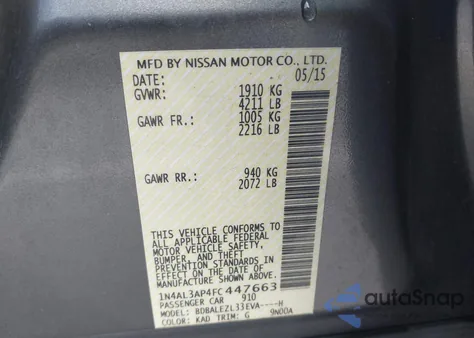 2015 Nissan Altima 2.5 S z USA, uszkodzony, nr VIN 1N4AL3AP4FC447663